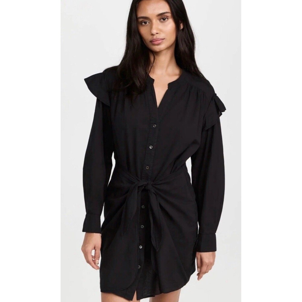 Xirena Suri Dress Black Size Medium ll Tie‎ Front Shirtdress Ruffle Long Sleeve